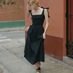 Doen Jasmine Midi Maxi Dress Black Shirred Top Tie Straps Small